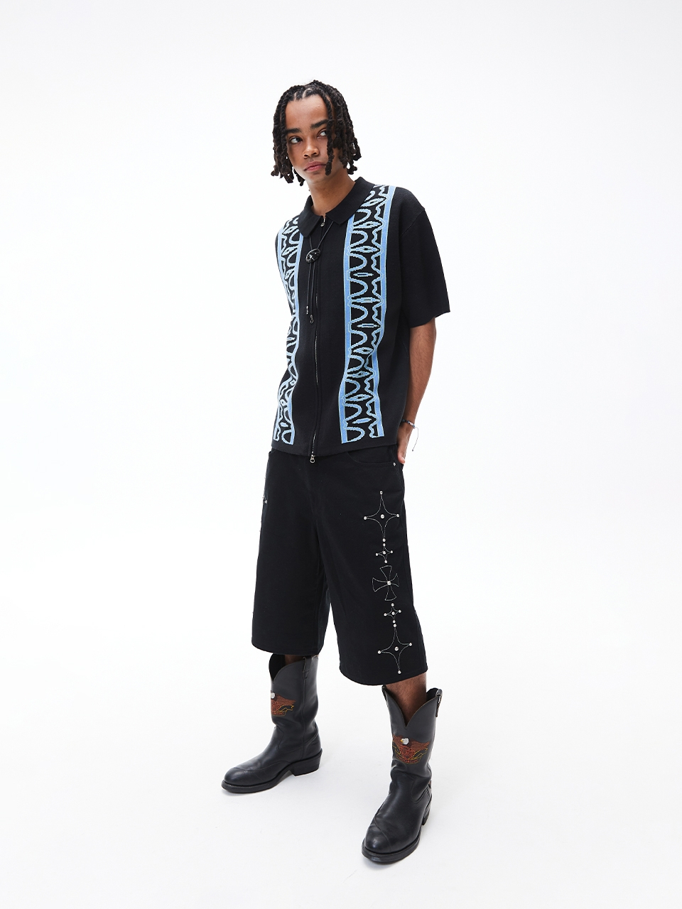 MUSINSA | CRITIC HALF WORMHOLE KNIT ZIP-UP BLACK