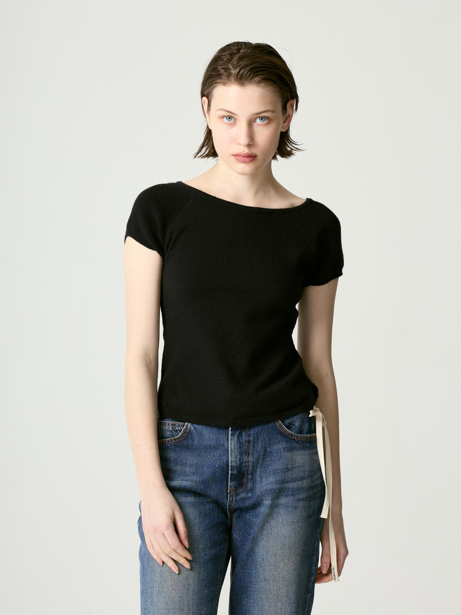 トップス GLOWNY BOW SLIT KNIT TOP BLACK MUSINSA公式 | GLOWNY BOW SLIT KNIT TOP (BLACK)