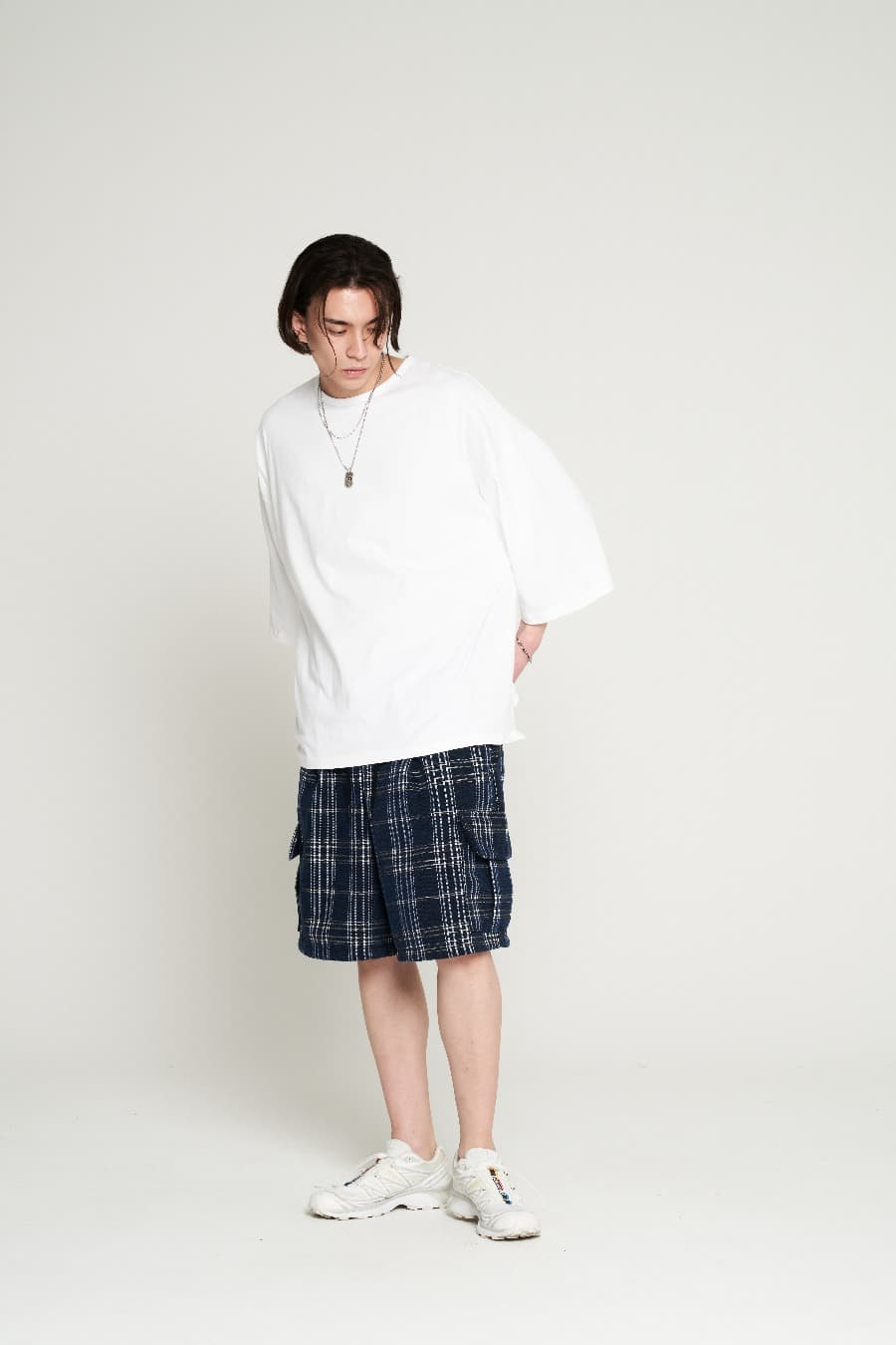 Checkered Bermuda Cargo Banding Pants blue - 감도 깊은 취향