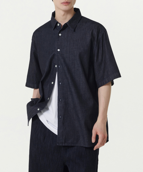 Свободная джинсовая рубашка с коротким рукавом (Deep Indigo)