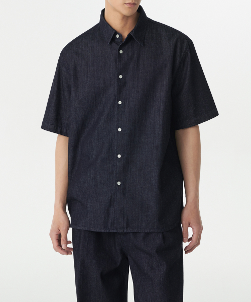 Свободная джинсовая рубашка с коротким рукавом (Deep Indigo)