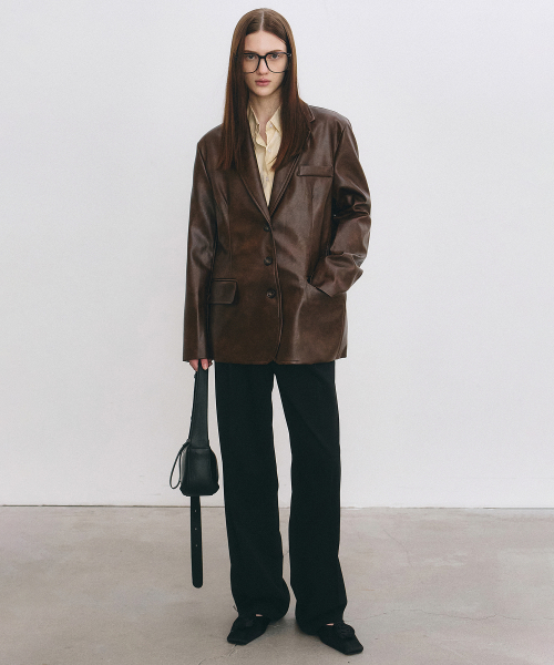 MINIMAL VINTAGE WASHED leather JACKET_BROWN