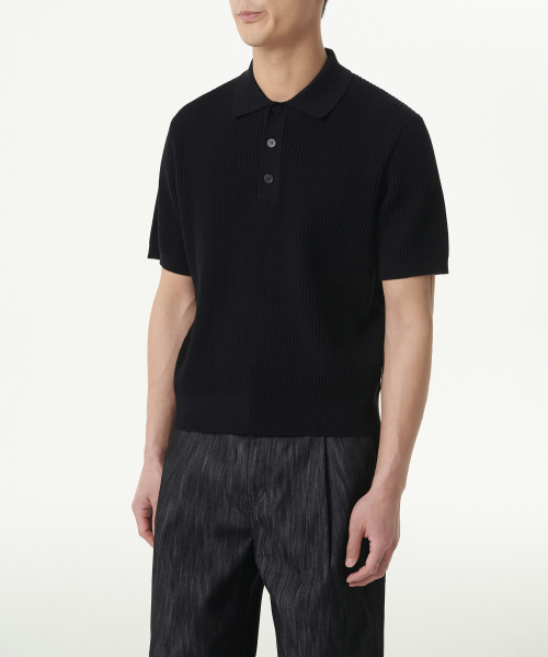 Crochet Knitted Polo Shirt [Black] thumbnail 2