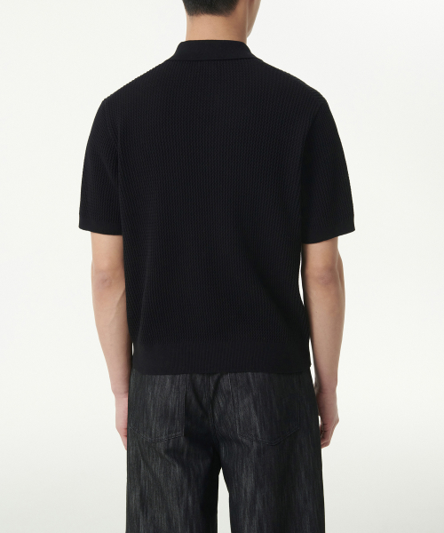 Crochet Knitted Polo Shirt [Black] thumbnail 3
