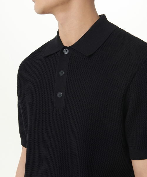 Crochet Knitted Polo Shirt [Black] thumbnail 4