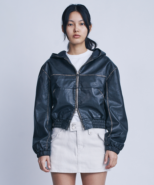 Washed Faux Leather Hood Zip-Up_Washed Черный