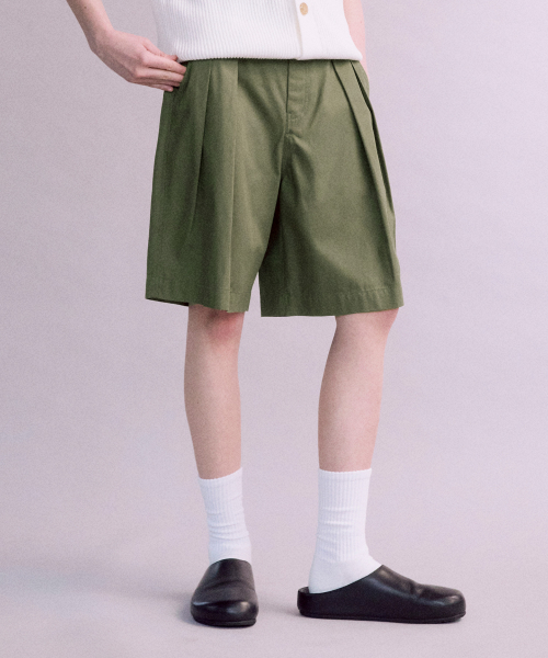 Cotton Bermuda Pleated Pants (OLIVE)