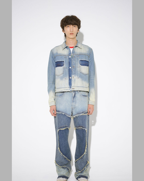 RIPPED OFF POCKET STUD DENIM JACKET (WASHED BLUE)