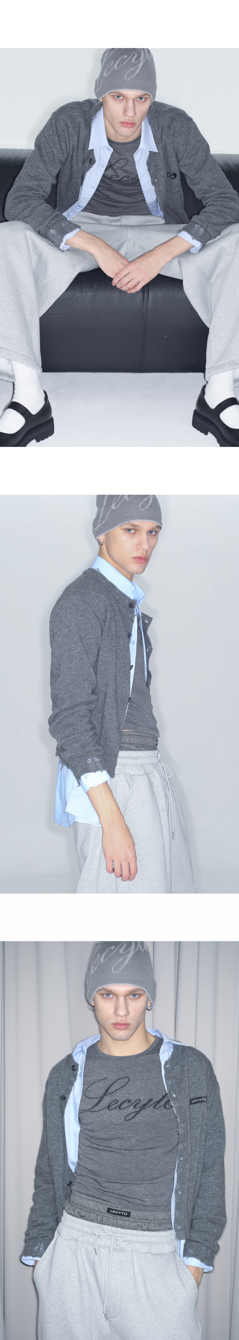 MUSINSA | LECYTO Destroyed Round Wool Knit Cardigan_[Charcoal]