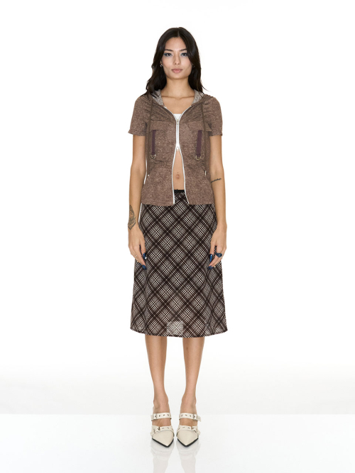 DUA SHIRRING CARGO HOOD ZIP-UP BROWN