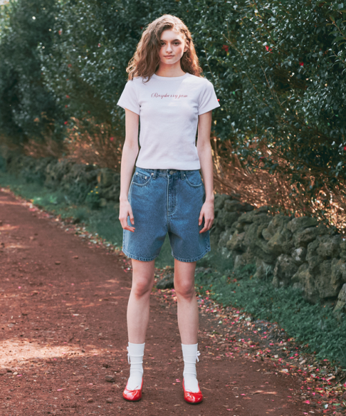 BACK POCKET RIBBON DENIM HALF PANTS LIGHT BLUE