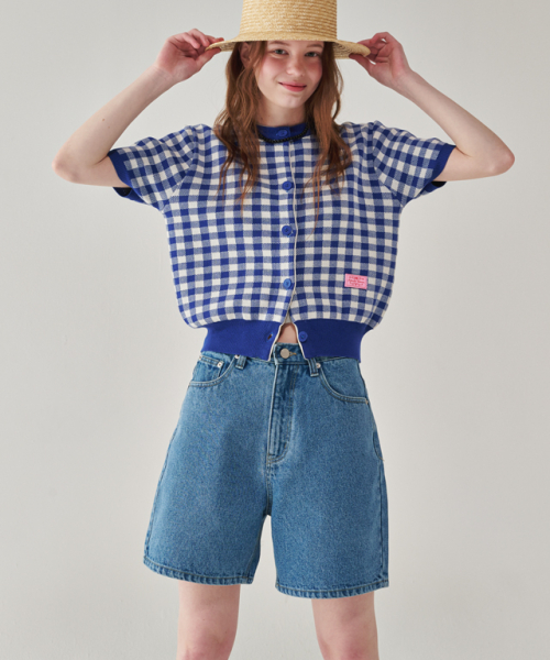 BACK POCKET RIBBON DENIM HALF PANTS LIGHT BLUE