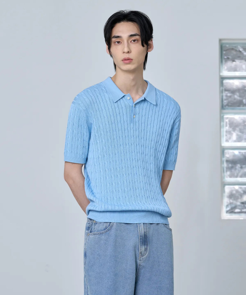 COTTON MODAL WASHABLE BUTTON KARA CABLE HALF KNIT [небесно-синий синий]