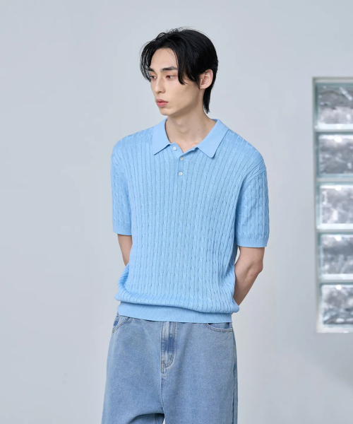 COTTON MODAL WASHABLE BUTTON KARA CABLE HALF KNIT [небесно-синий синий]