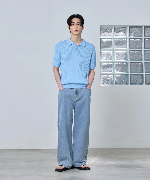 COTTON MODAL WASHABLE BUTTON KARA CABLE HALF KNIT [небесно-синий синий]