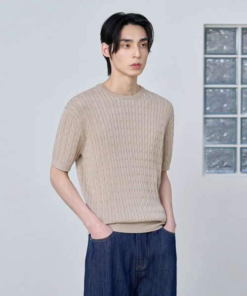 Стирающийся кабельный пуловер из хлопка и модала [Beige]