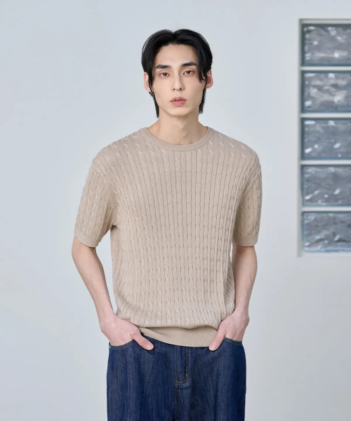 Стирающийся кабельный пуловер из хлопка и модала [Beige]