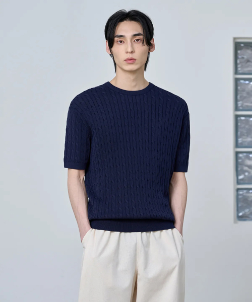 COTTON MODAL WASHABLE CREW NECK CABLE KNIT [тёмно-синий]