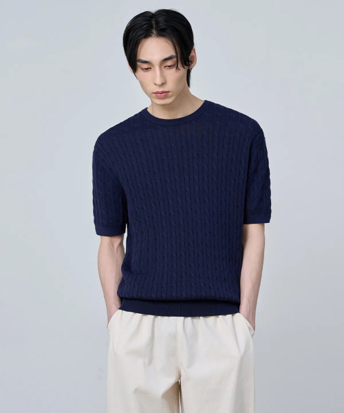 COTTON MODAL WASHABLE CREW NECK CABLE KNIT [тёмно-синий]