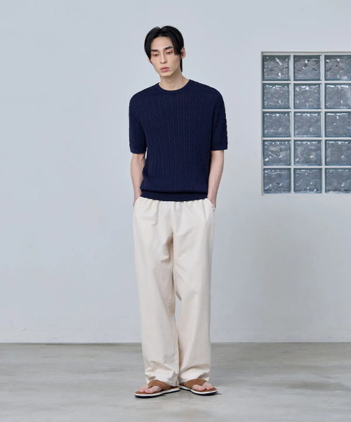 COTTON MODAL WASHABLE CREW NECK CABLE KNIT [тёмно-синий]