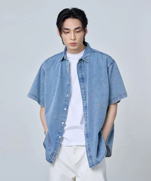 BUTTON DOWN OVERFIT DENIM HALF SHIRT [MEDIUM синий]