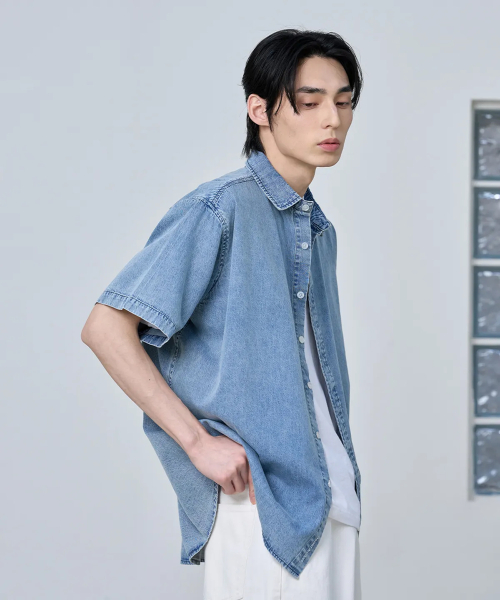 BUTTON DOWN OVERFIT DENIM HALF SHIRT [MEDIUM синий]