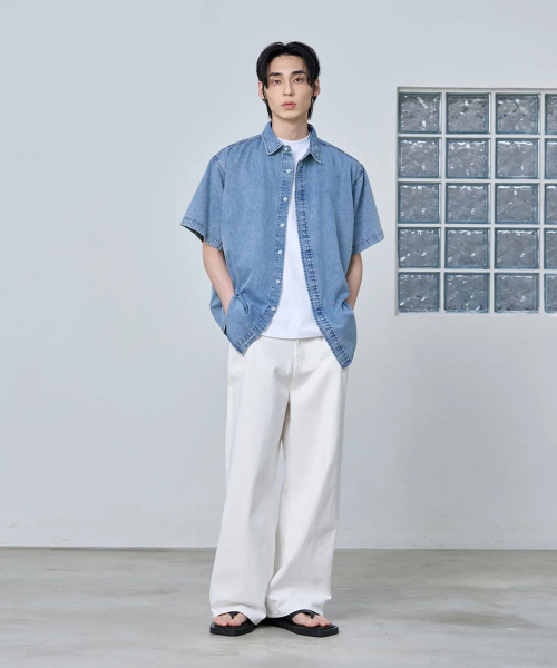 BUTTON DOWN OVERFIT DENIM HALF SHIRT [MEDIUM синий]