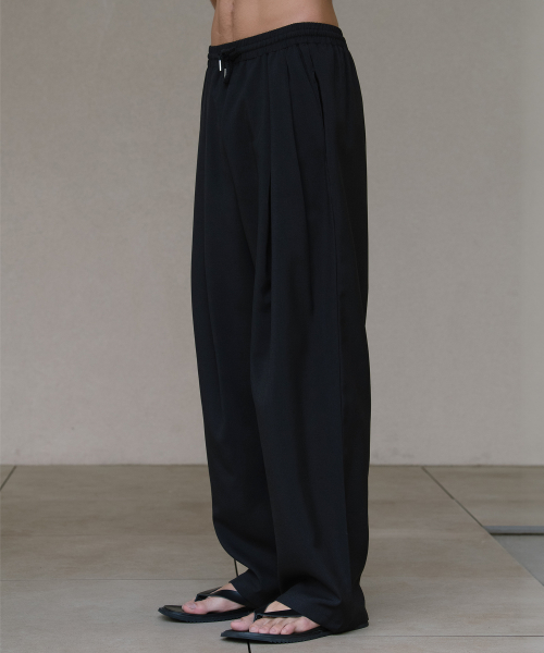 Cooling Linen like Two-tuck Comfort Wide Banding Pants [чёрный]