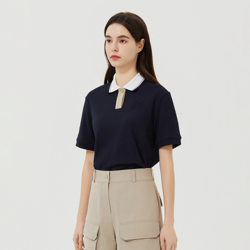 Collar Color Matching Crop Shirts_Navy