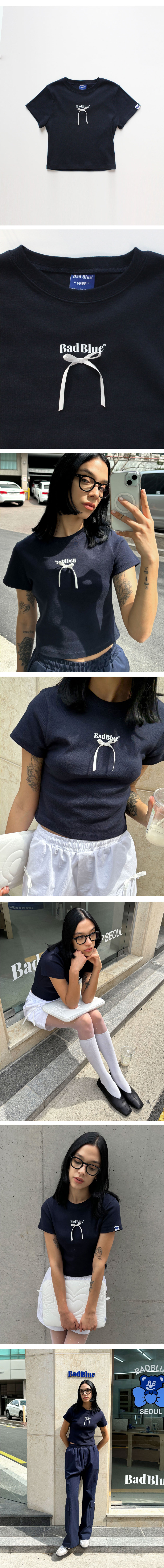 배드블루(BADBLUE) Ribbon Logo Slim Tee Navy - 사이즈 & 후기