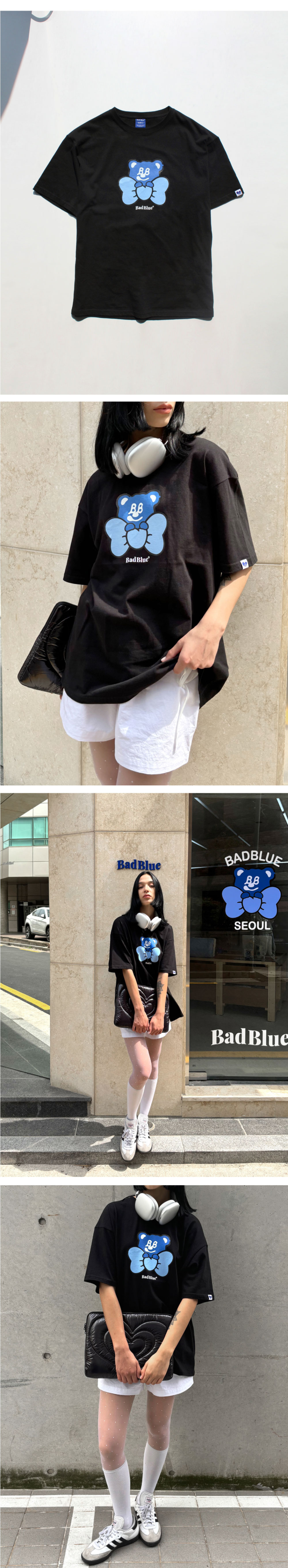 BAD BLUE ♥ Ribbon BadBear Tee / 追跡付 배드블루(BADBLUE) Ribbon BadBear Tee Black - 사이즈 & 후기