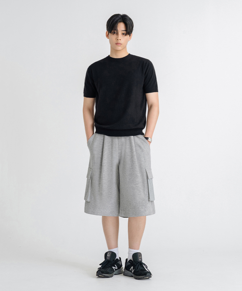 BERMUDA WIDE ONE-TUCK CARGO SWEAT SHORTS [GRAY]