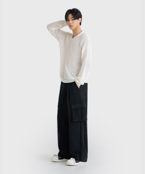 ONE-TUCK WIDE CARGO SWEAT PANTS [BLACK]