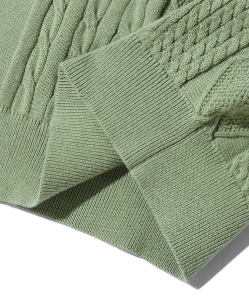 Washable cable half sleeve button up knitwear (LIGHT GREEN) thumbnail 9