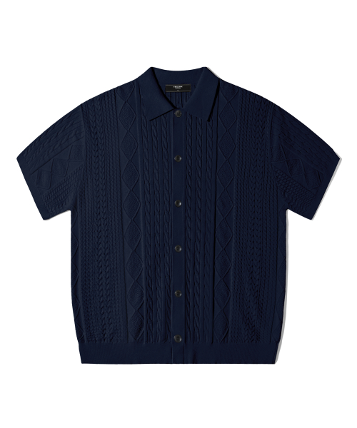 WASHABLE CABLE HALF SLEEVE BUTTON UP KNIT (NAVY)