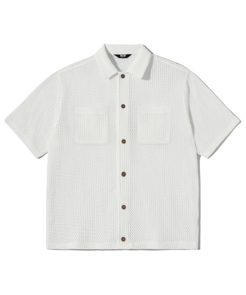 Оверсайз поло крючковая сетка с коротким рукавом вязаный (WHITE)