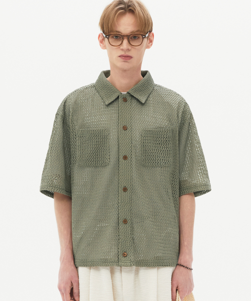 OVERFIT CROCHET NET COLLAR HALF SLEEVE (KHAKI)