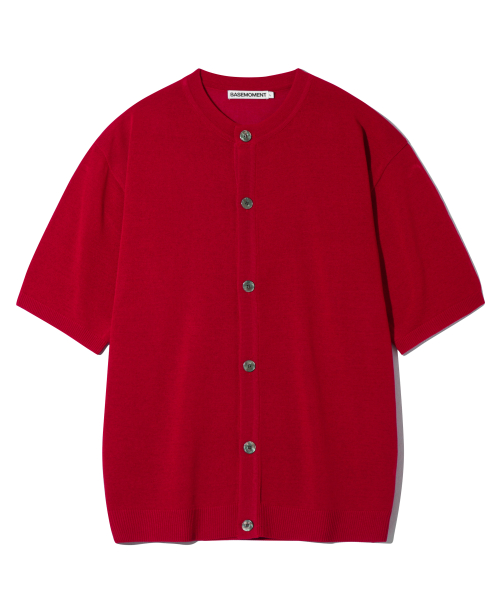Round Neck Half Knit Cardigan Red