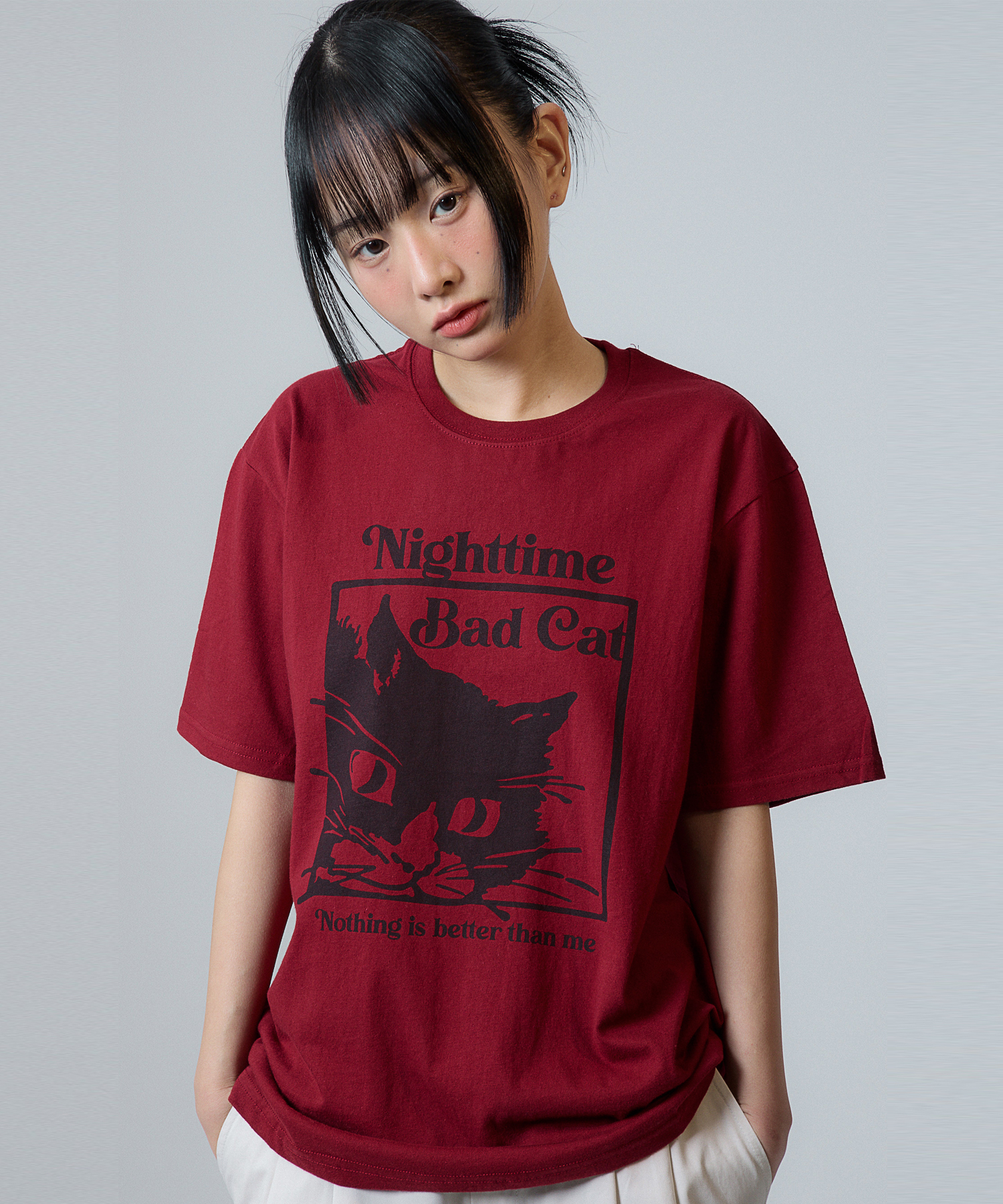 BAD CAT TEE_burgundy