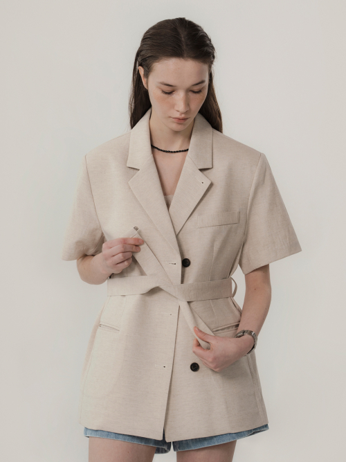 Льняной жакет с поясом классический Beige