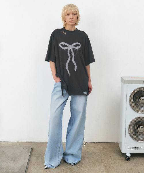 MUSINSA | INSILENCE WOMEN Distressed Spray T-shirt WASHED BLACK