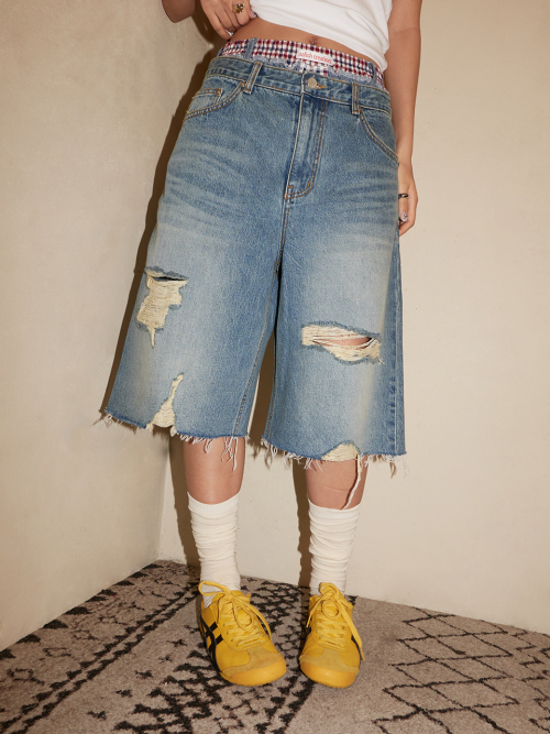 DAMAGE BERMUDA DENIM PANTS, BLUE
