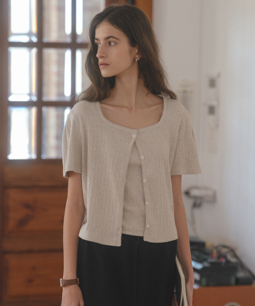 Sleeveless set half sleeve eyelet cardigan_Oatmeal