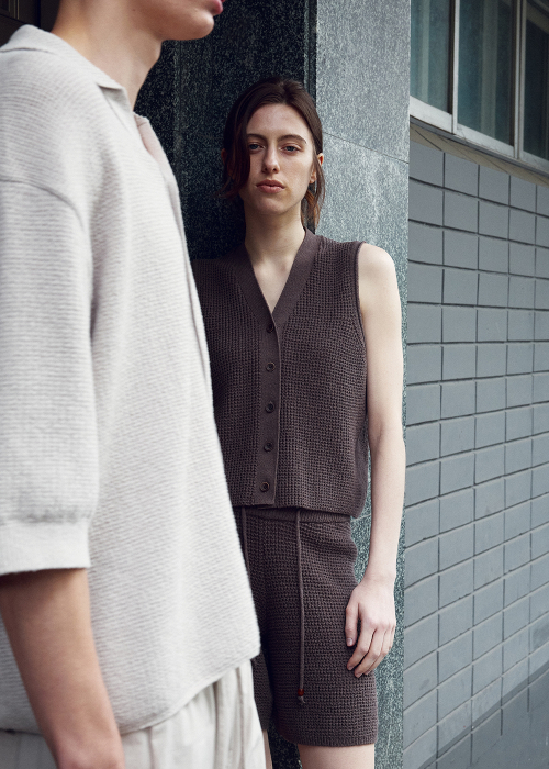 Cotton linen drawstring waist vest_Wood