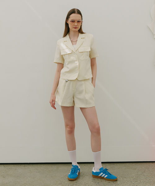 Utility Collar Short Sleeve Pocket Jacket Cream