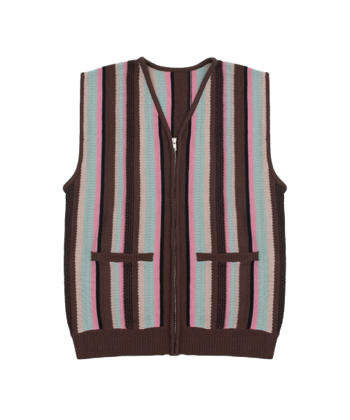 Vertical Stripe Knit Vest - Brown