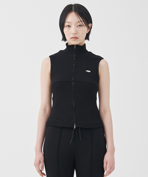 Law Guage Rib Zip Up Sleeveless Black