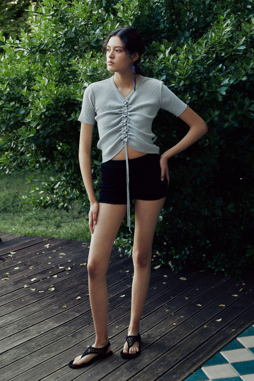 SHIRRING BUTTON KINT CARDIGAN (LIGHT GREY)