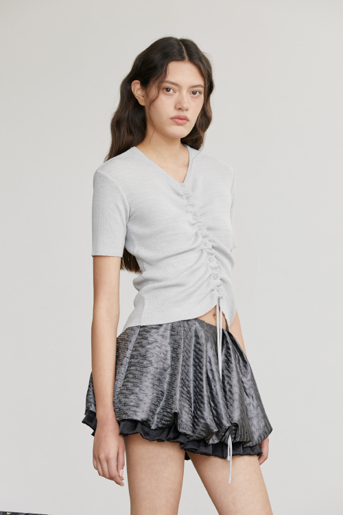 SHIRRING BUTTON KINT CARDIGAN (LIGHT GREY)