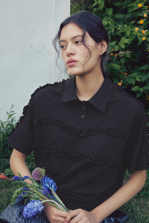 RUFFLE PIQUE SHIRT (BLACK)